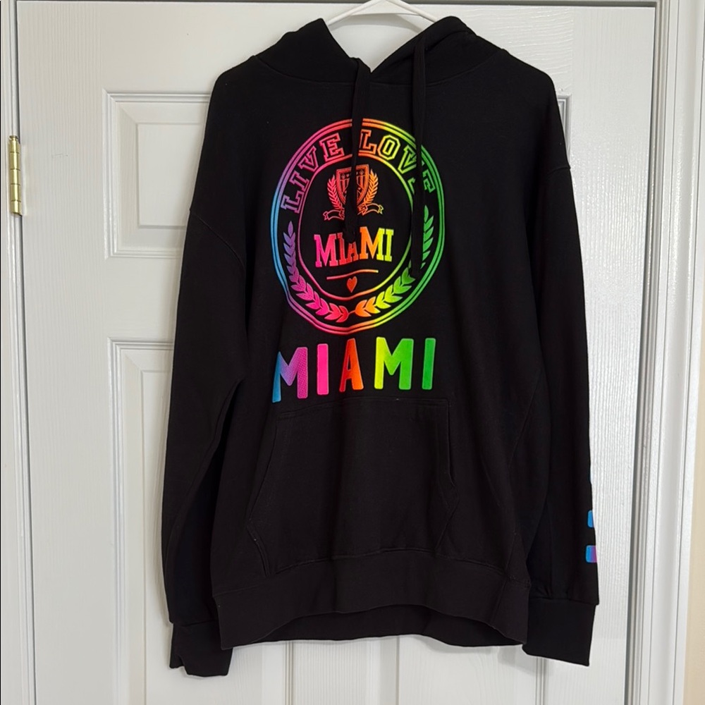 Black Miami Hoodie with Rainbow Tie Dye Print